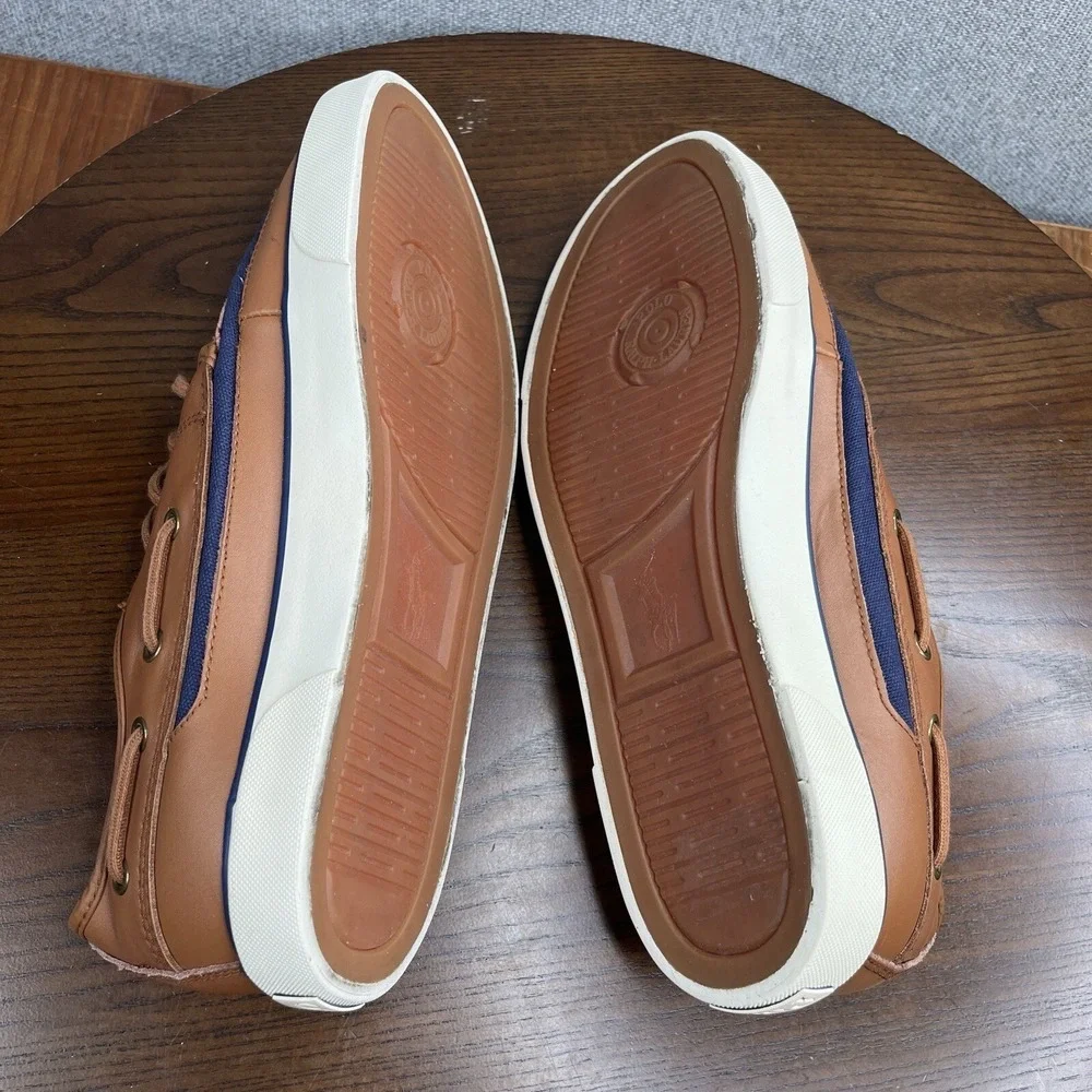Polo Ralpth Lauren Parkstone Low Shoes Women's 10.5 D Blue Brown Leather Canvas - Picture 8 of 13